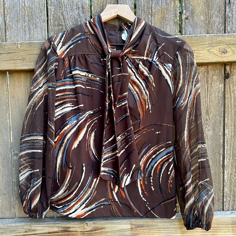 Vintage 1960s brown abstract tie blouse with sheer puffy sleeves